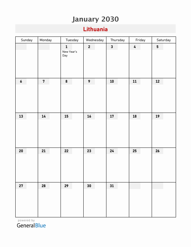 Lithuania January 2030 Calendar with Holidays
