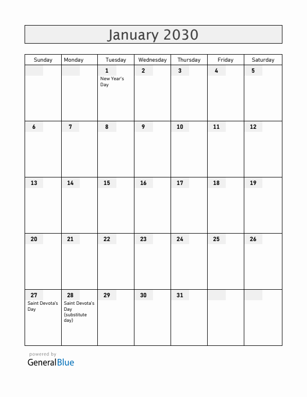 Monaco January 2030 Calendar with Holidays