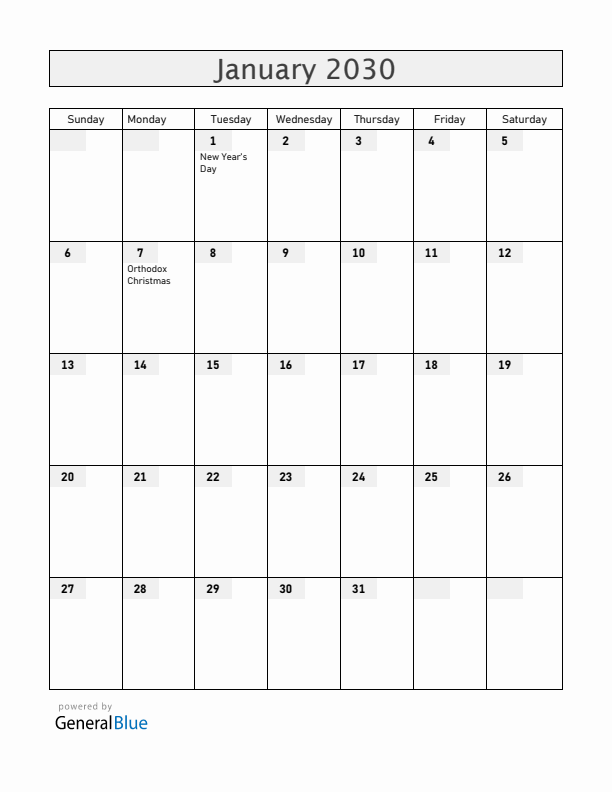 Moldova January 2030 Calendar with Holidays