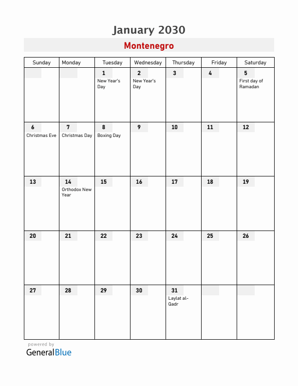 Montenegro January 2030 Calendar with Holidays