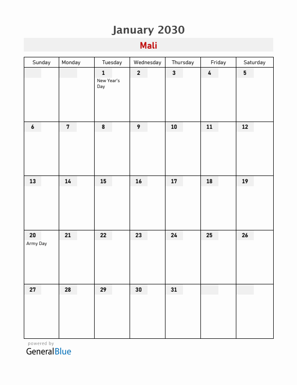 Mali January 2030 Calendar with Holidays