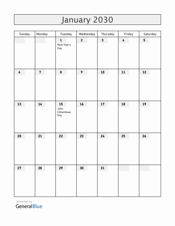 Malawi January 2030 Calendar with Holidays