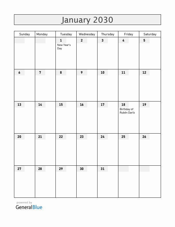 Nicaragua January 2030 Calendar with Holidays