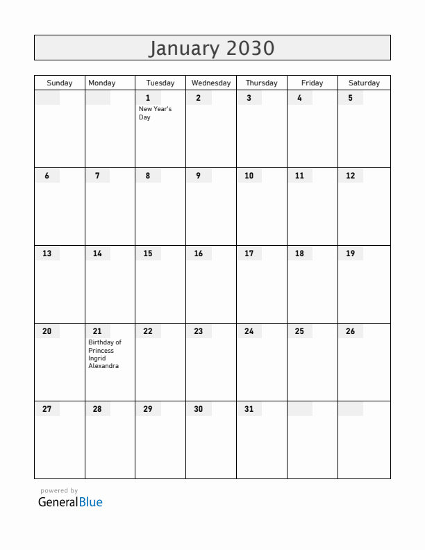 Norway January 2030 Calendar with Holidays