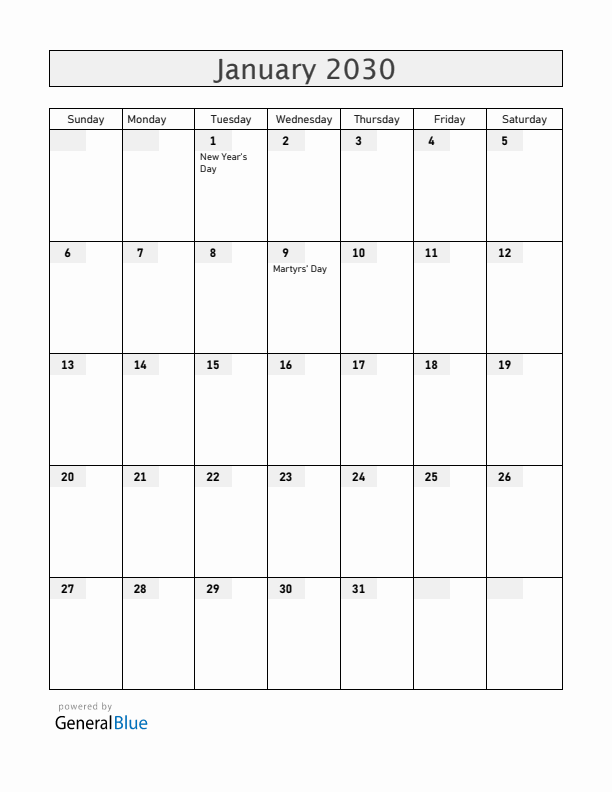 Panama January 2030 Calendar with Holidays