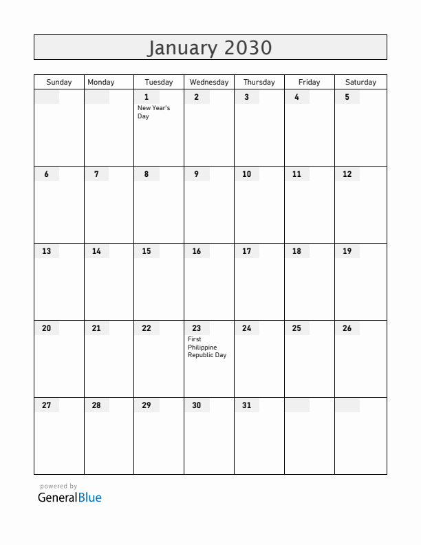 Philippines January 2030 Calendar with Holidays