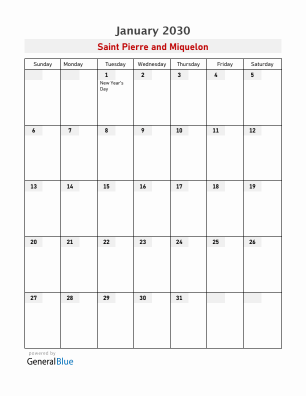 Saint Pierre and Miquelon January 2030 Calendar with Holidays