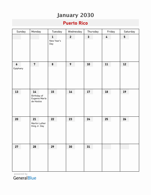Puerto Rico January 2030 Calendar with Holidays