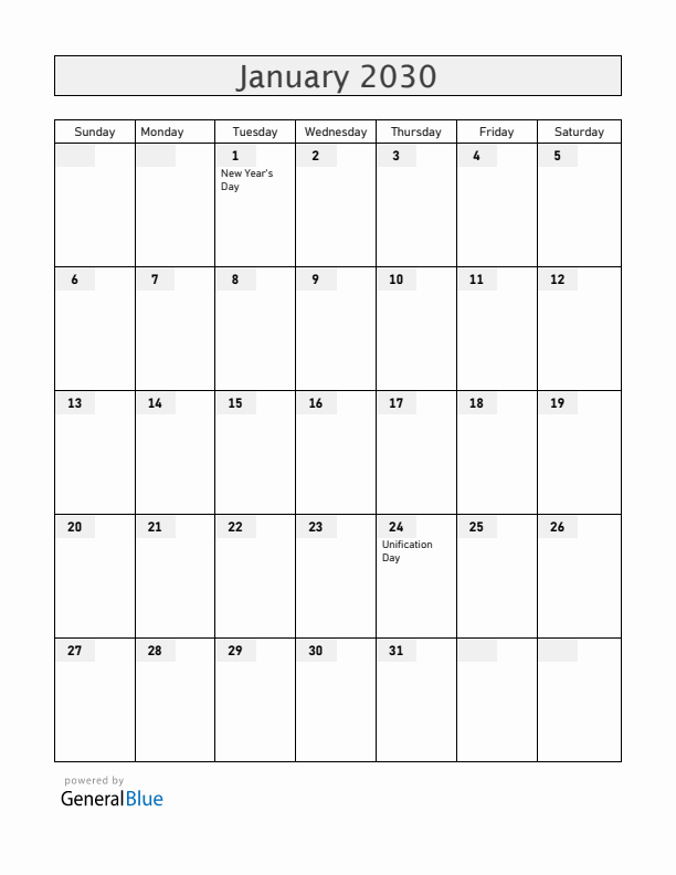 Romania January 2030 Calendar with Holidays