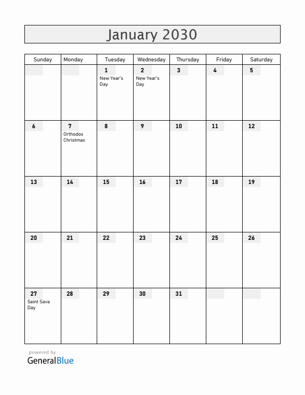 Serbia January 2030 Calendar with Holidays