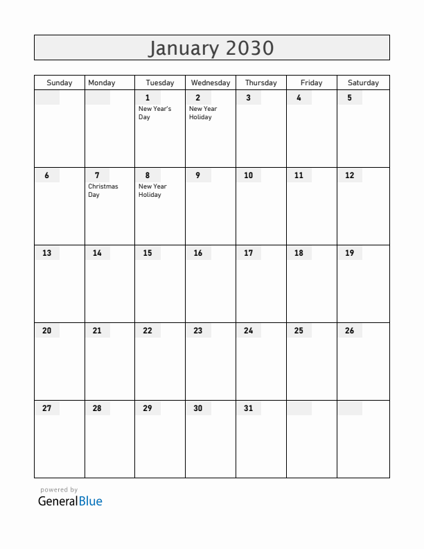 Russia January 2030 Calendar with Holidays