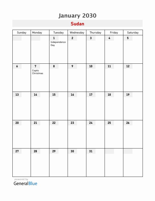 Sudan January 2030 Calendar with Holidays