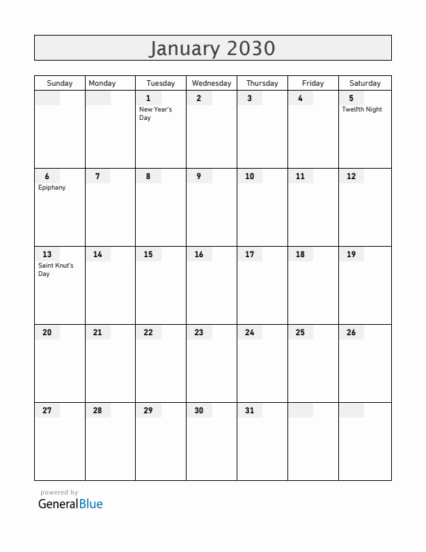 Sweden January 2030 Calendar with Holidays