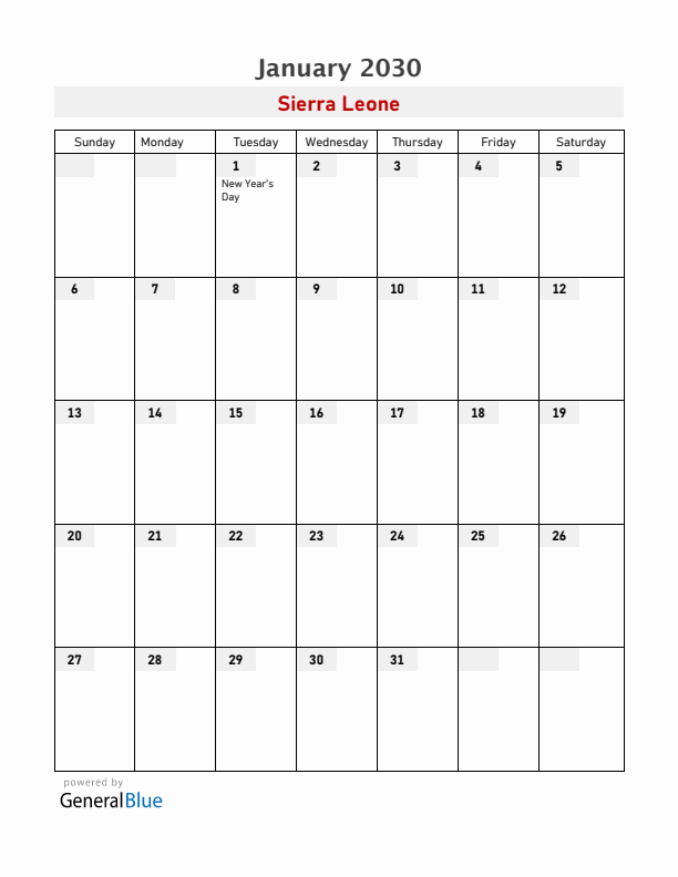 Sierra Leone January 2030 Calendar with Holidays