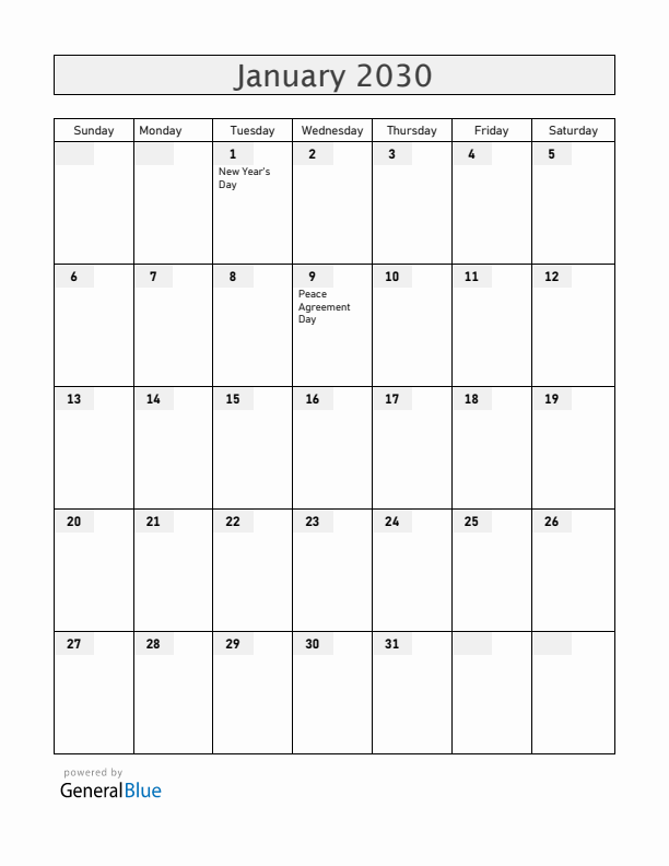 South Sudan January 2030 Calendar with Holidays