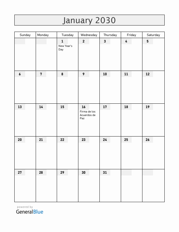 El Salvador January 2030 Calendar with Holidays