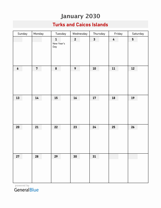 Turks and Caicos Islands January 2030 Calendar with Holidays