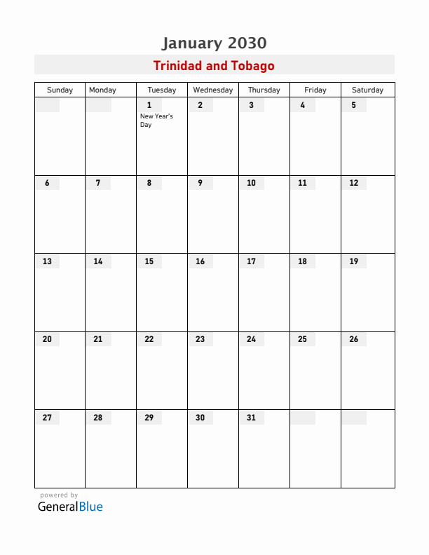 Trinidad and Tobago January 2030 Calendar with Holidays
