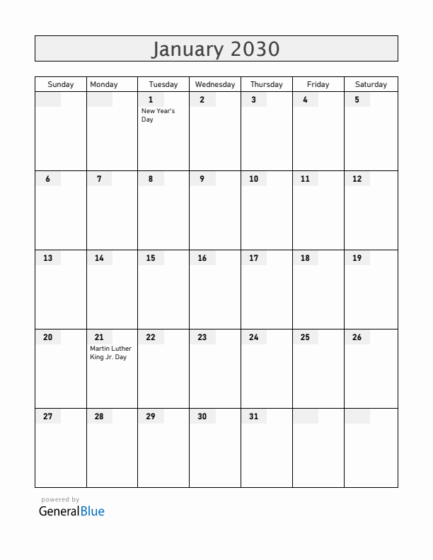 United States January 2030 Calendar with Holidays