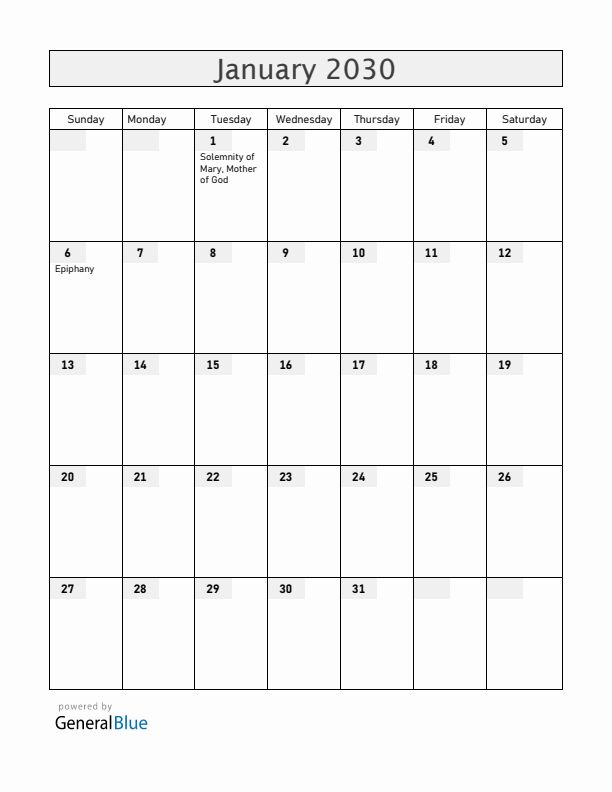 Vatican January 2030 Calendar with Holidays