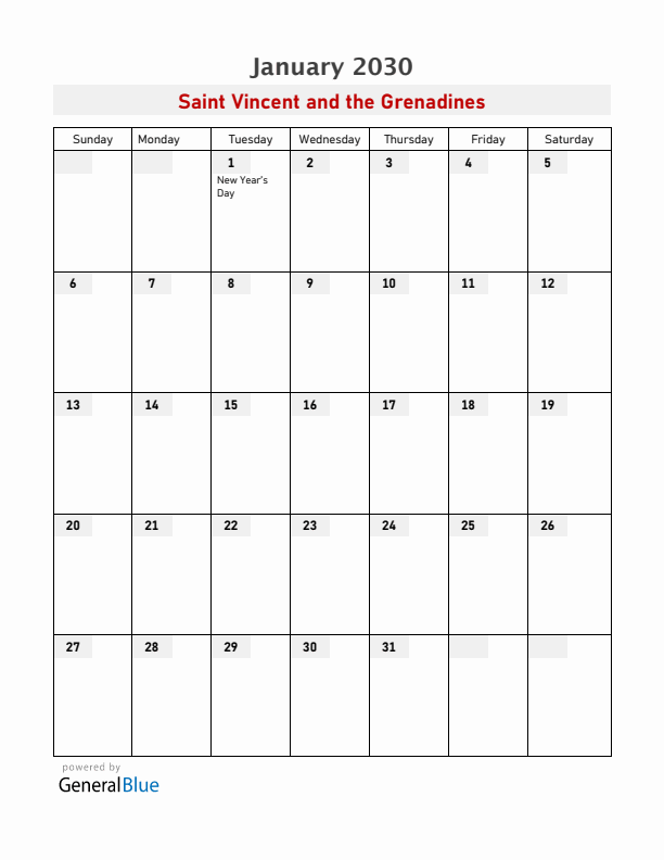 Saint Vincent and the Grenadines January 2030 Calendar with Holidays