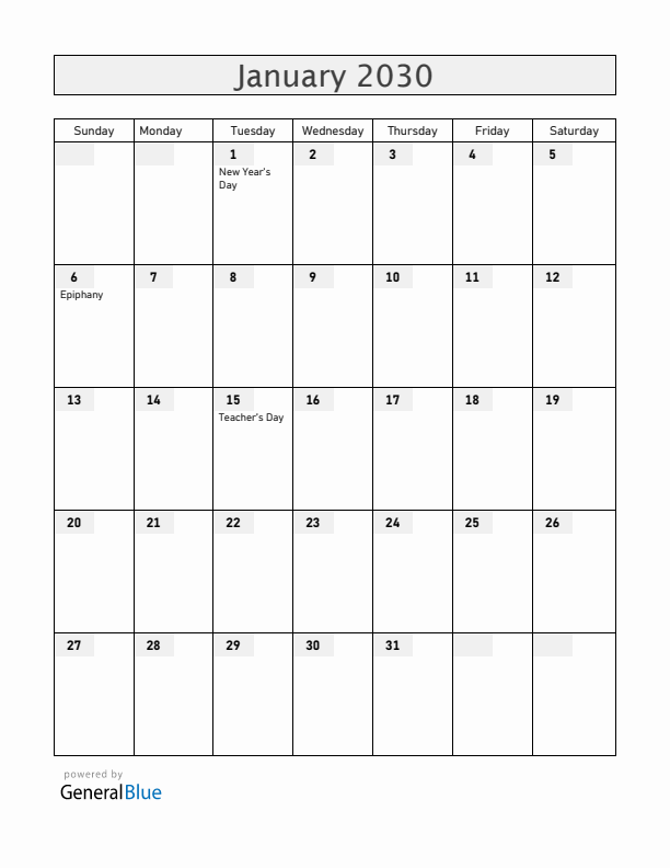 Venezuela January 2030 Calendar with Holidays
