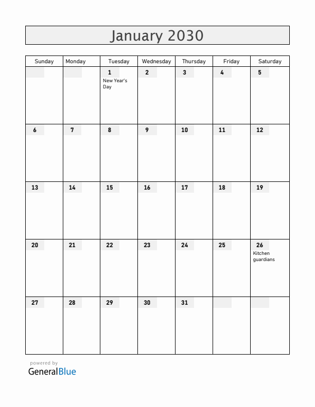 Vietnam January 2030 Calendar with Holidays