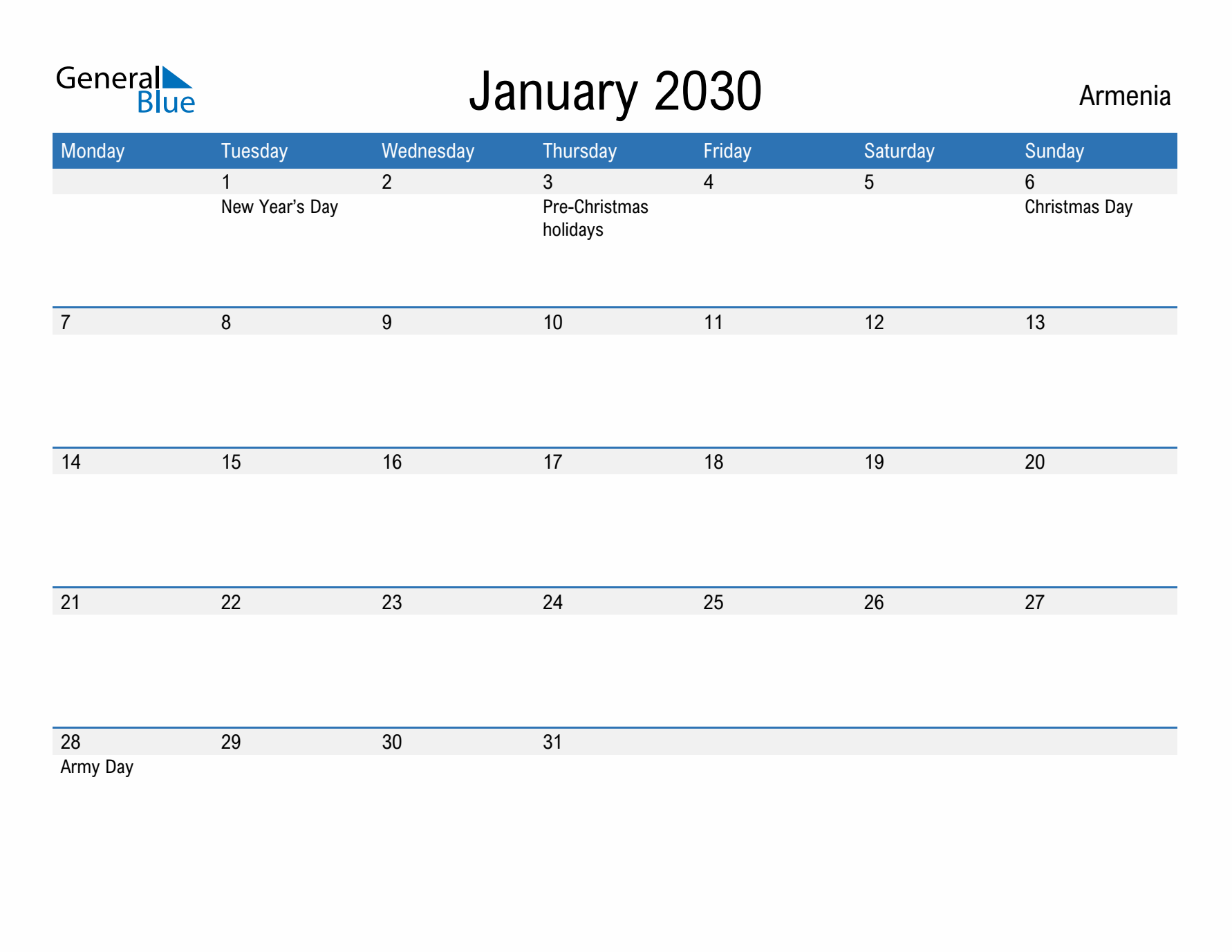 Fillable January 2030 Calendar