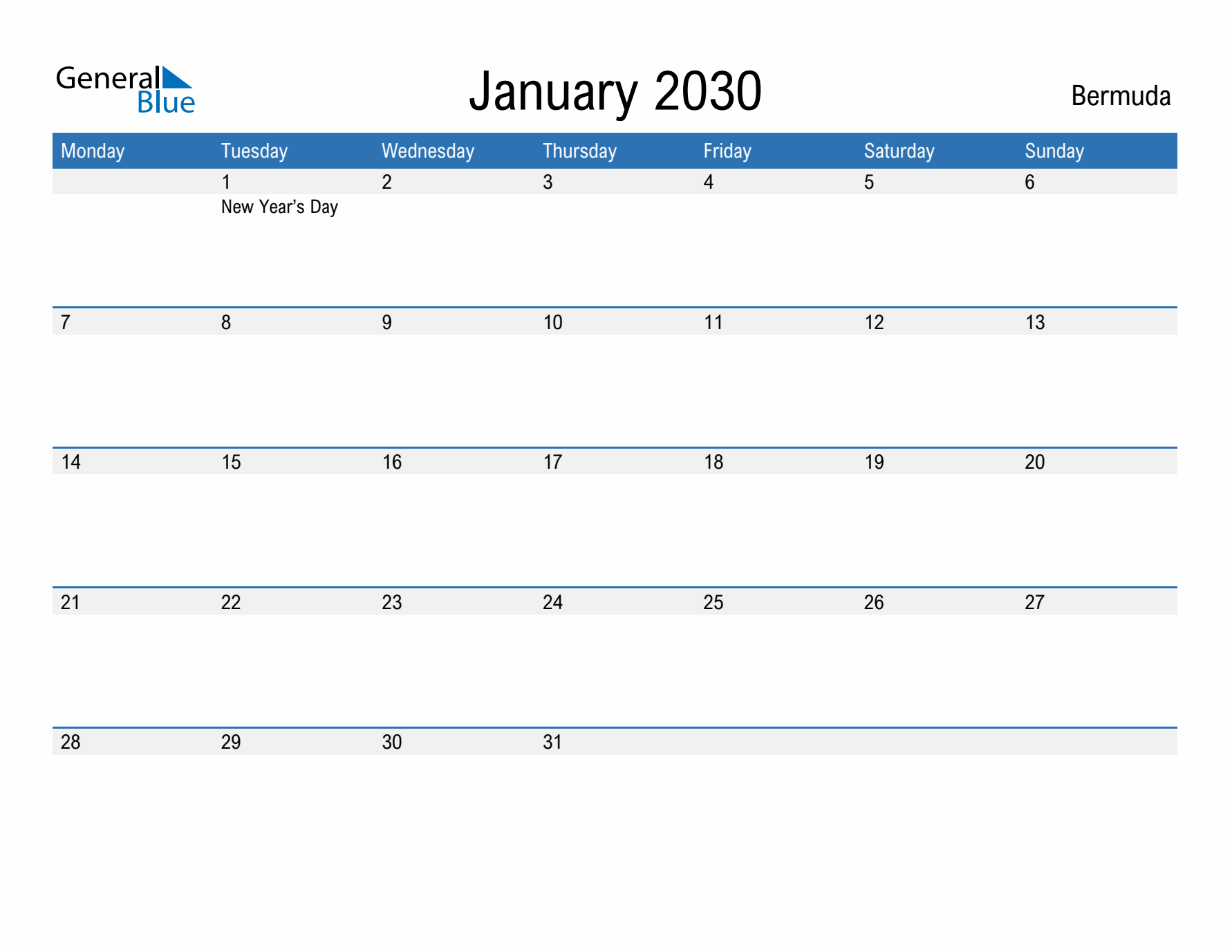 Fillable January 2030 Calendar