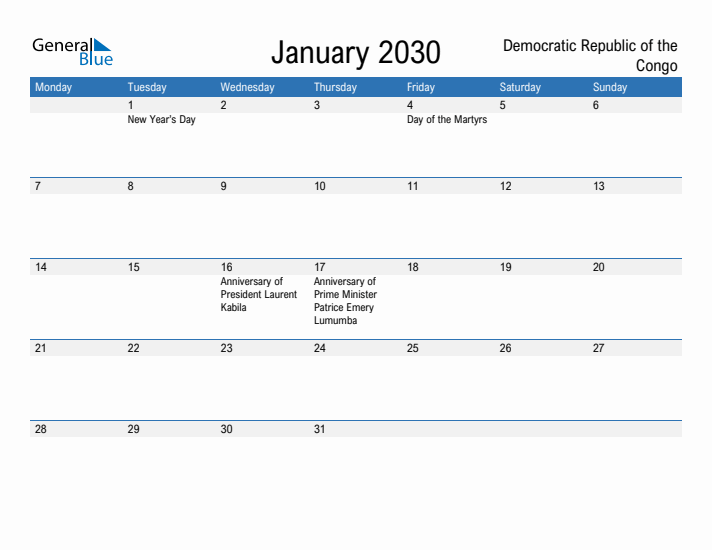 Fillable January 2030 Calendar
