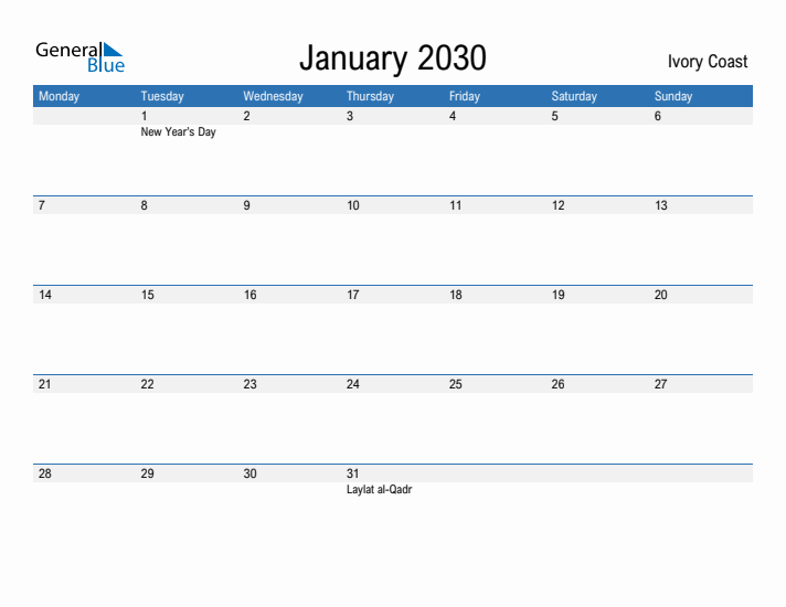 Fillable January 2030 Calendar