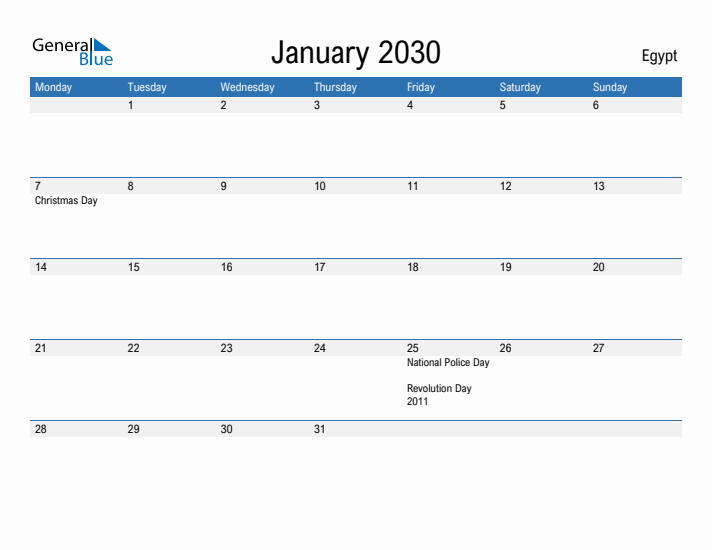 Fillable January 2030 Calendar