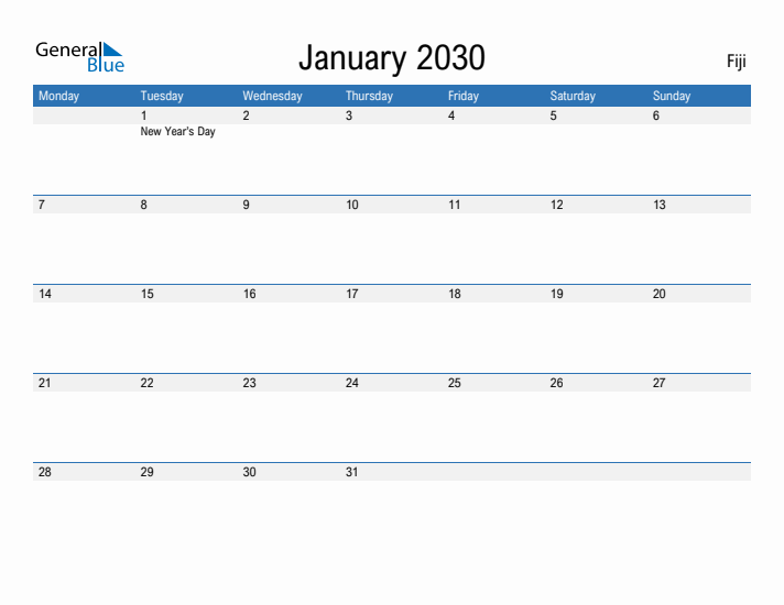 Fillable January 2030 Calendar