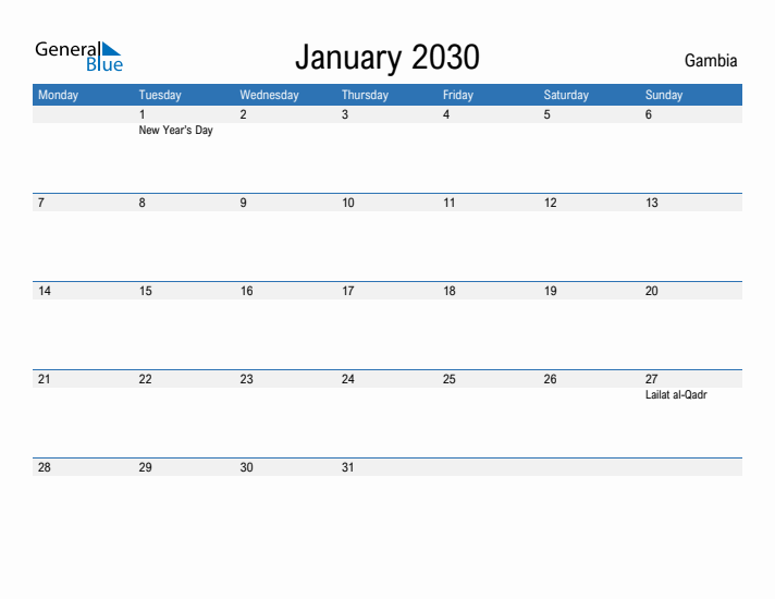 Fillable January 2030 Calendar