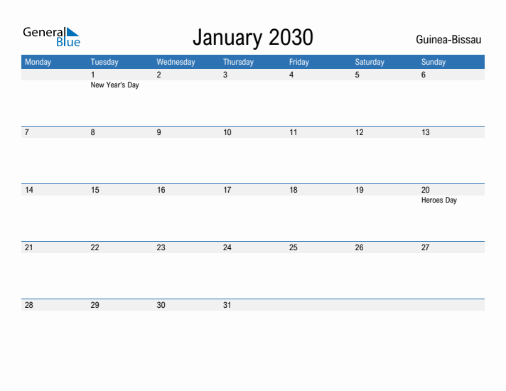Fillable January 2030 Calendar