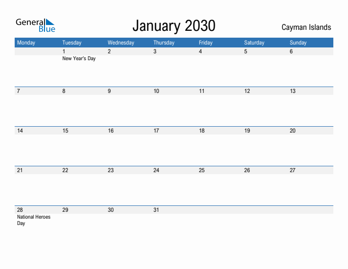 Fillable January 2030 Calendar