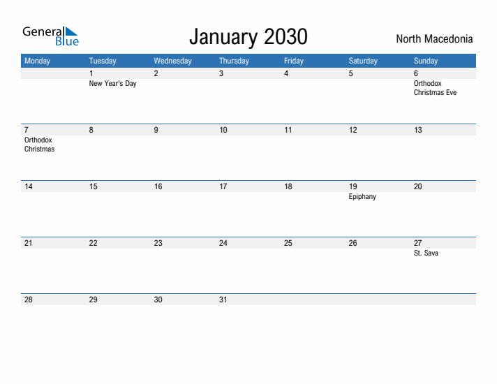Fillable January 2030 Calendar