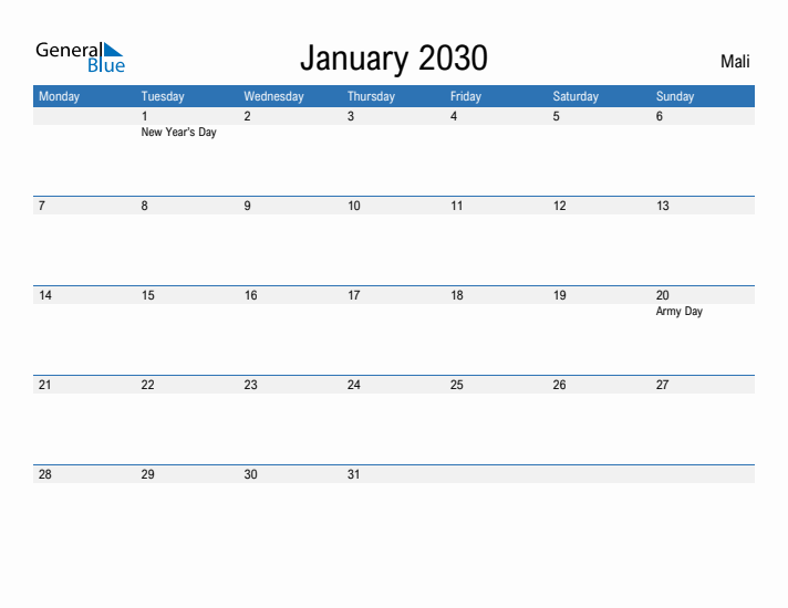 Fillable January 2030 Calendar