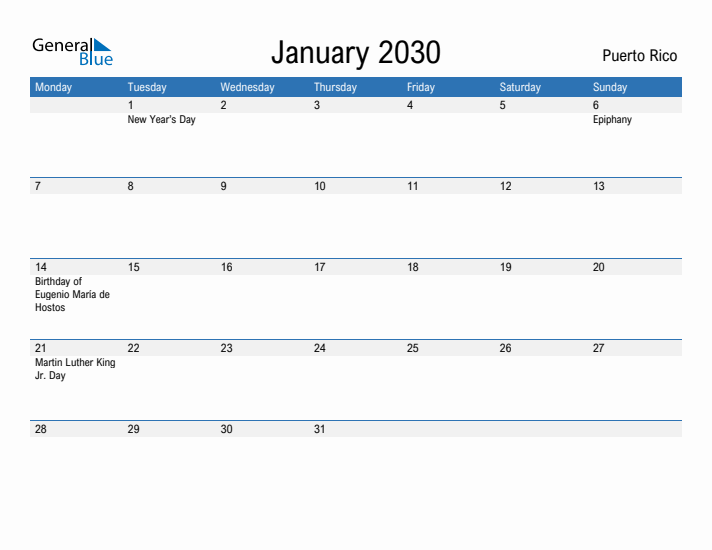 Fillable January 2030 Calendar