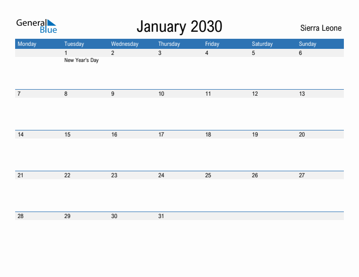 Fillable January 2030 Calendar