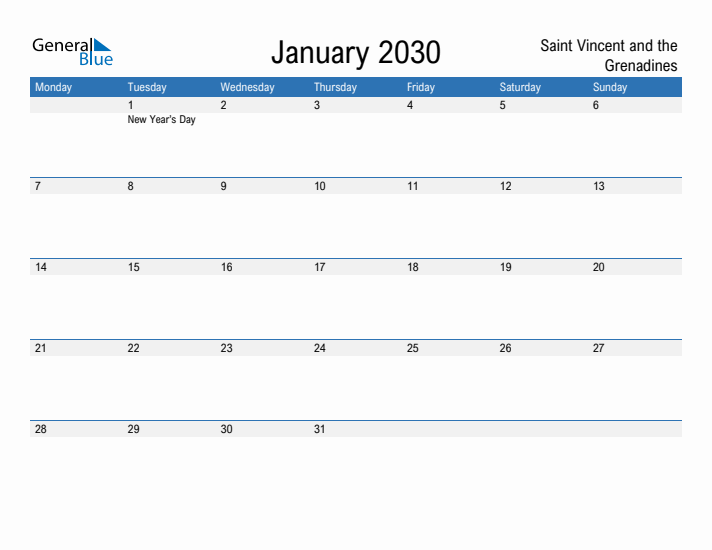 Fillable January 2030 Calendar