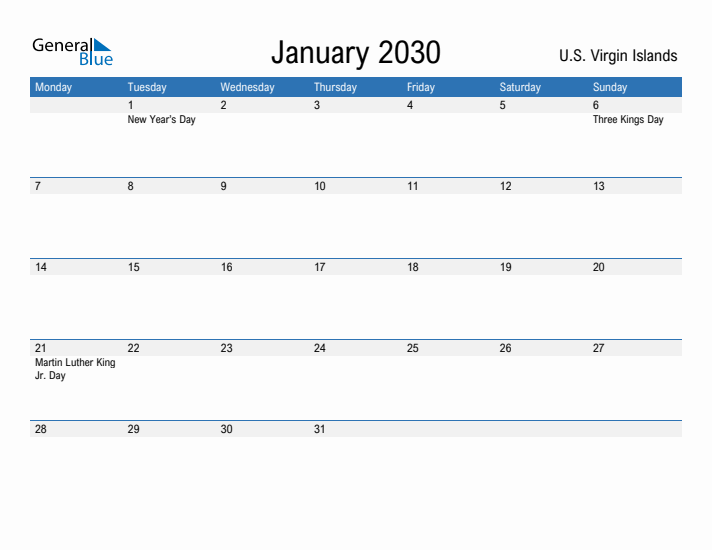Fillable January 2030 Calendar
