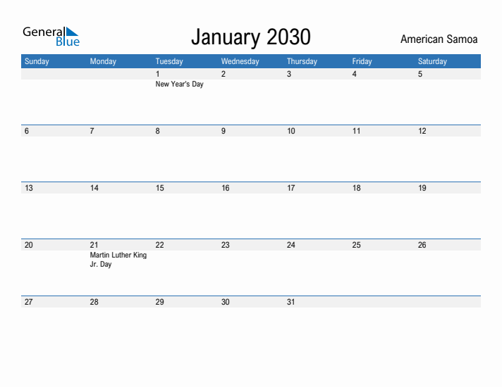 Fillable January 2030 Calendar