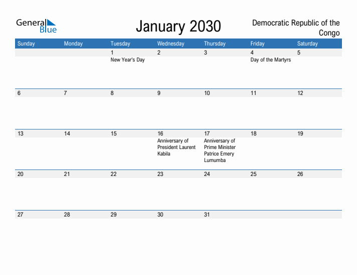 Fillable January 2030 Calendar