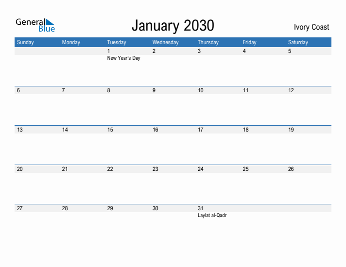 Fillable January 2030 Calendar