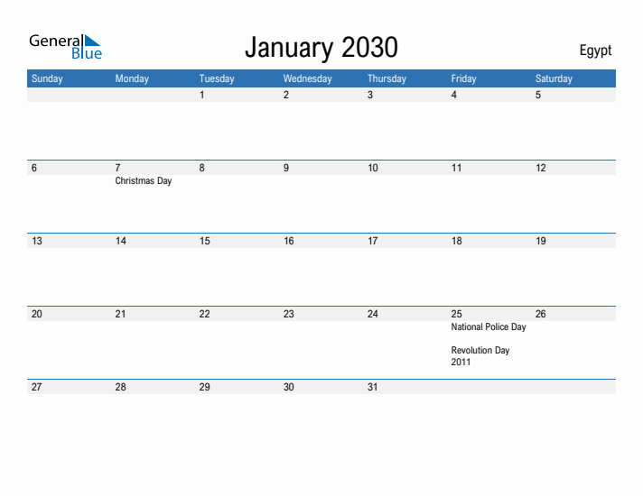 Fillable January 2030 Calendar