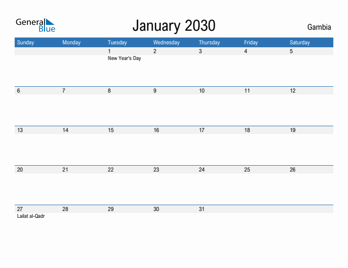 Fillable January 2030 Calendar