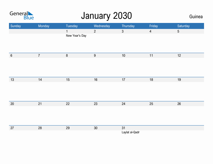 Fillable January 2030 Calendar