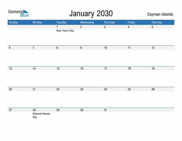 Fillable January 2030 Calendar