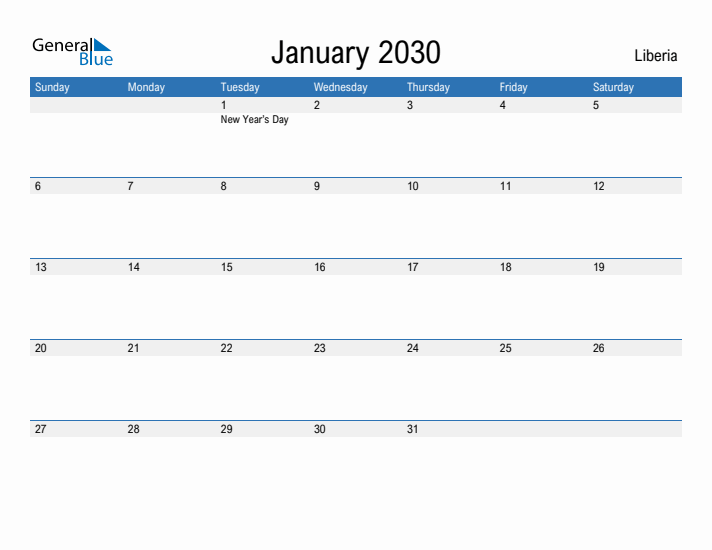 Fillable January 2030 Calendar